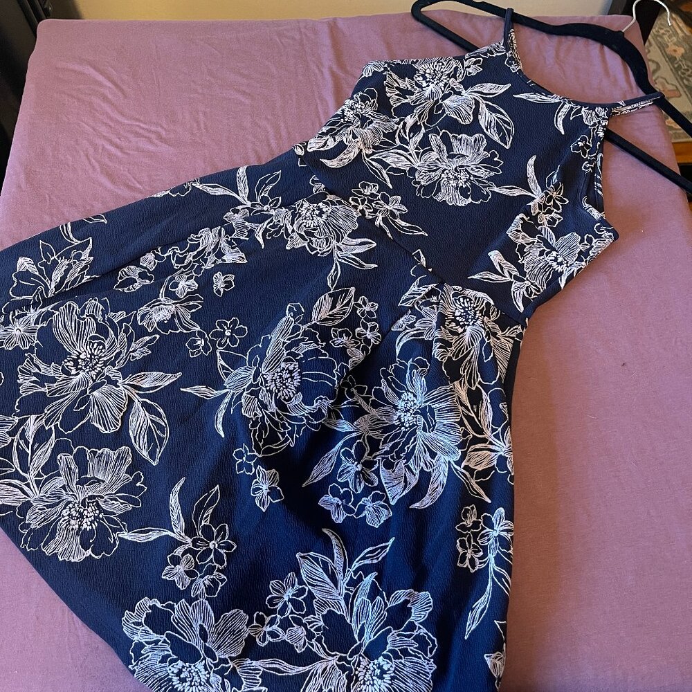 Small Dark Blue Dress with White Floral Design - Sleeveless like NEW